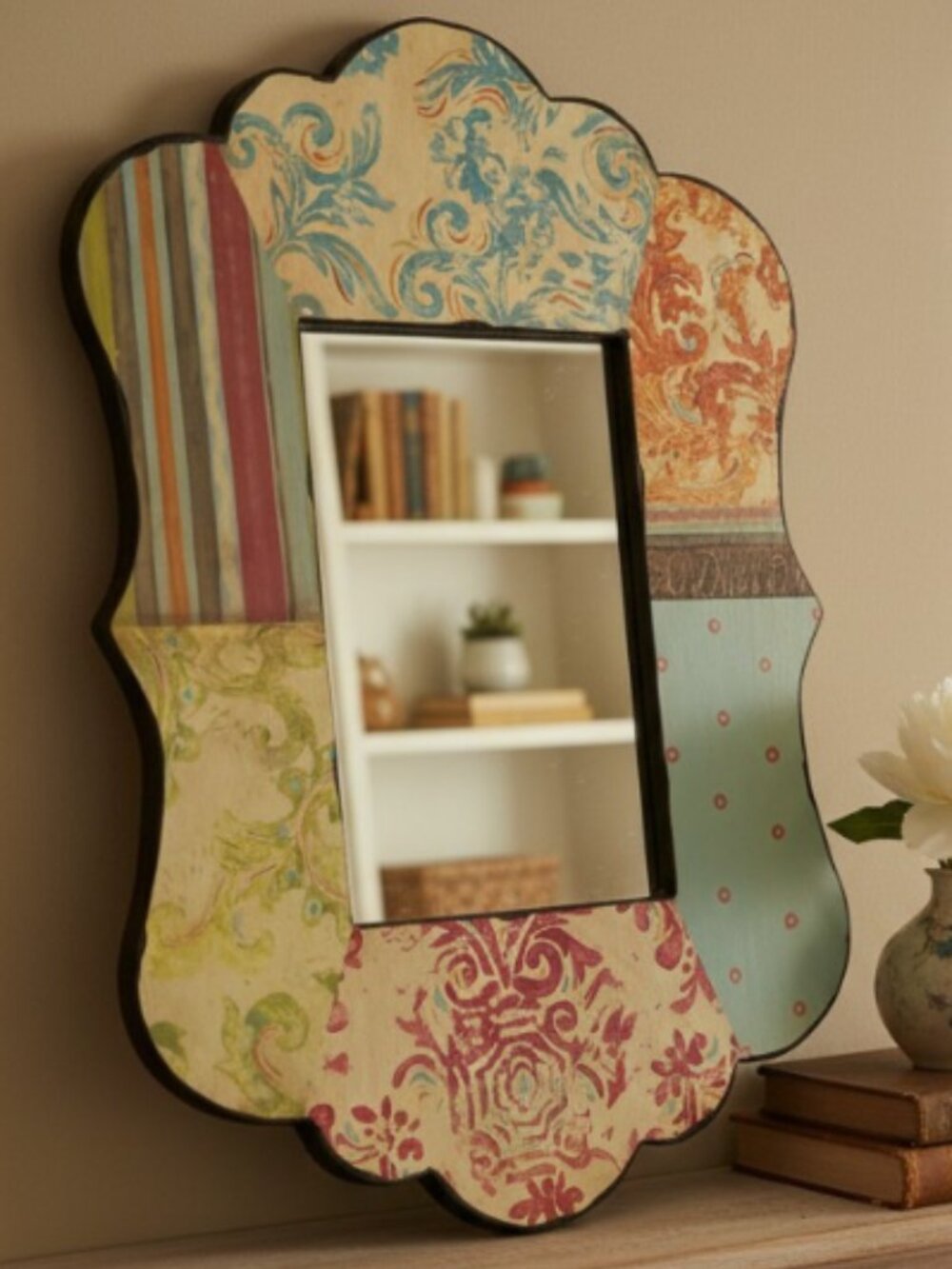 KATE MCROSTIE -- Hanging Wall Mirror, Rustic Patchwork, Scalloped Frame, Country